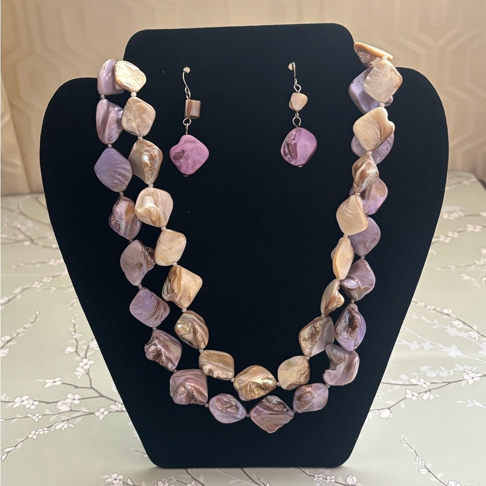 Mother of Pearl (lavender and cream color) necklace and earrings.